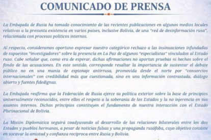 Comunicado oficial de la embajada rusa en el que rechazó las publicaciones de medios
