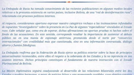 Comunicado oficial de la embajada rusa en el que rechazó las publicaciones de medios