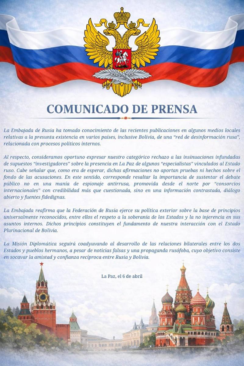 Comunicado oficial de la embajada rusa en el que rechazó las publicaciones de medios