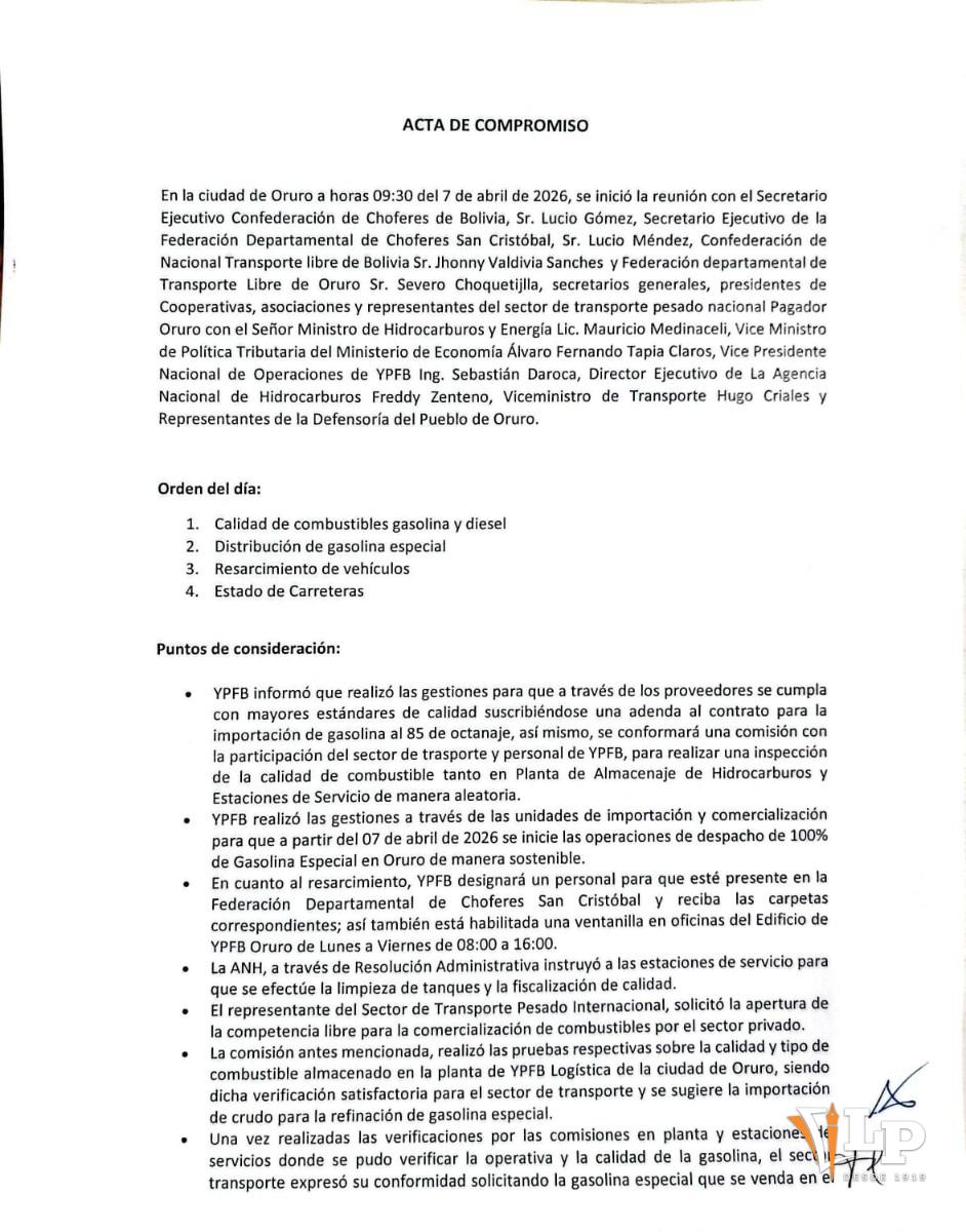 Acta de compromiso sobre combustibles pagina 1