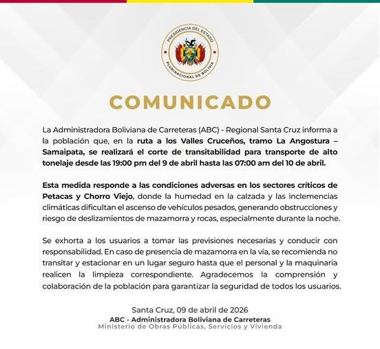 Documento emitido por la Administradora Boliviana de Carreteras (ABC)