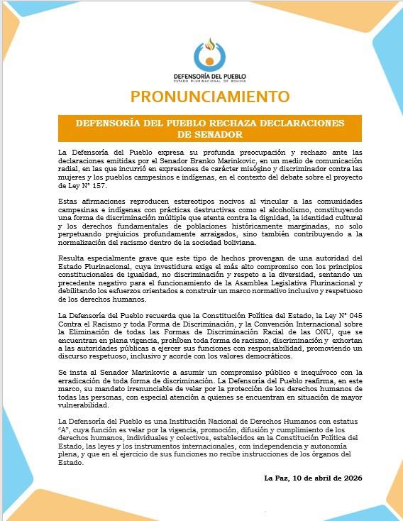 Pronunciamiento de la Defensoría del Pueblo