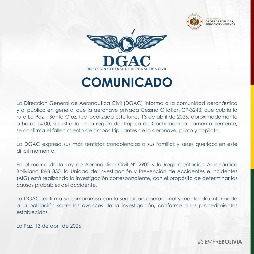 Comunicado emitido este lunes 13 de abril por la DGAC