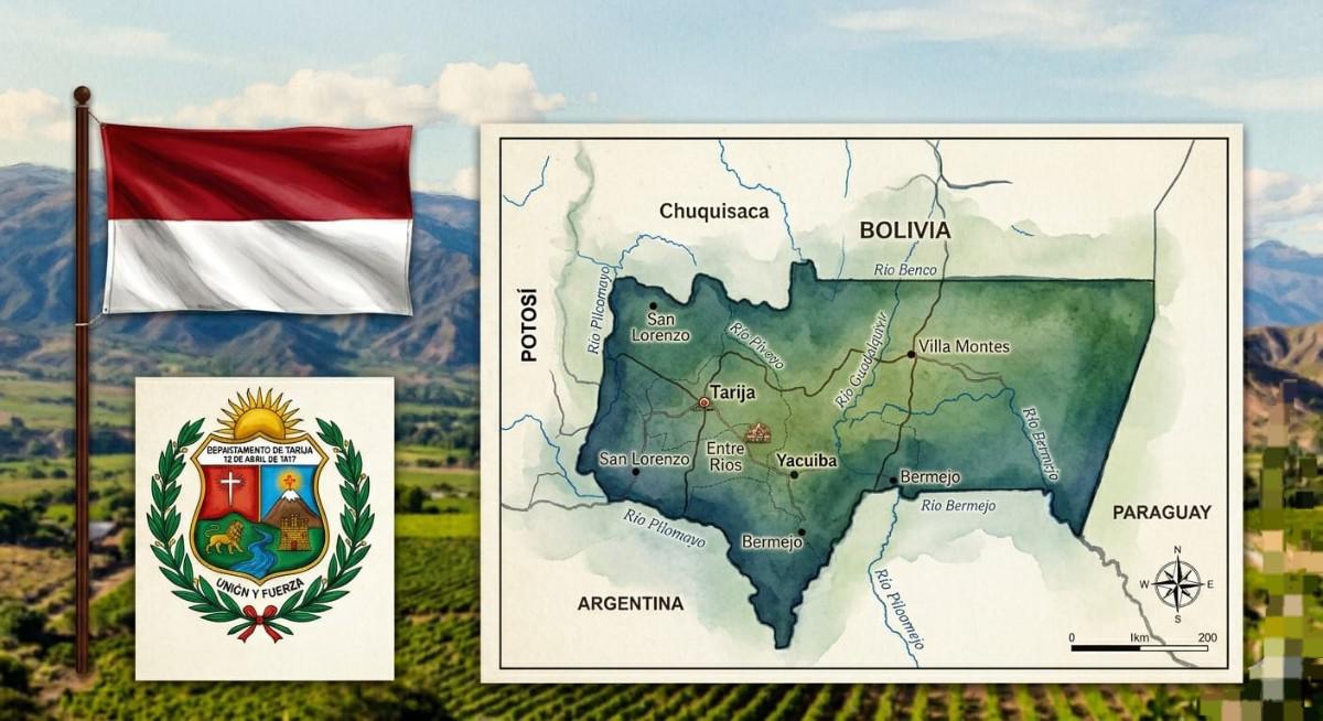 La emblemática bandera y el simbólico escudo del departamento de Tarija.