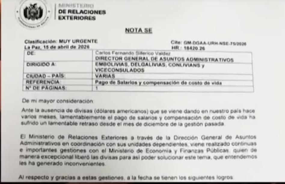 En la nota interna, donde la Cancillería de Bolivia admite formalmente que la 
