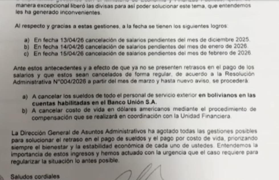 El Ministerio de Relaciones Exteriores establece que, a partir de marzo de 2026, los sueldos de diplomáticos se pagarán en bolivianos