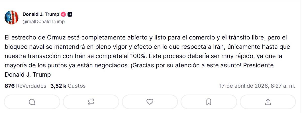 Imagen tomada de la red social Truth Social de la cuenta oficial del presidente de Estados Unidos, Donald Trump