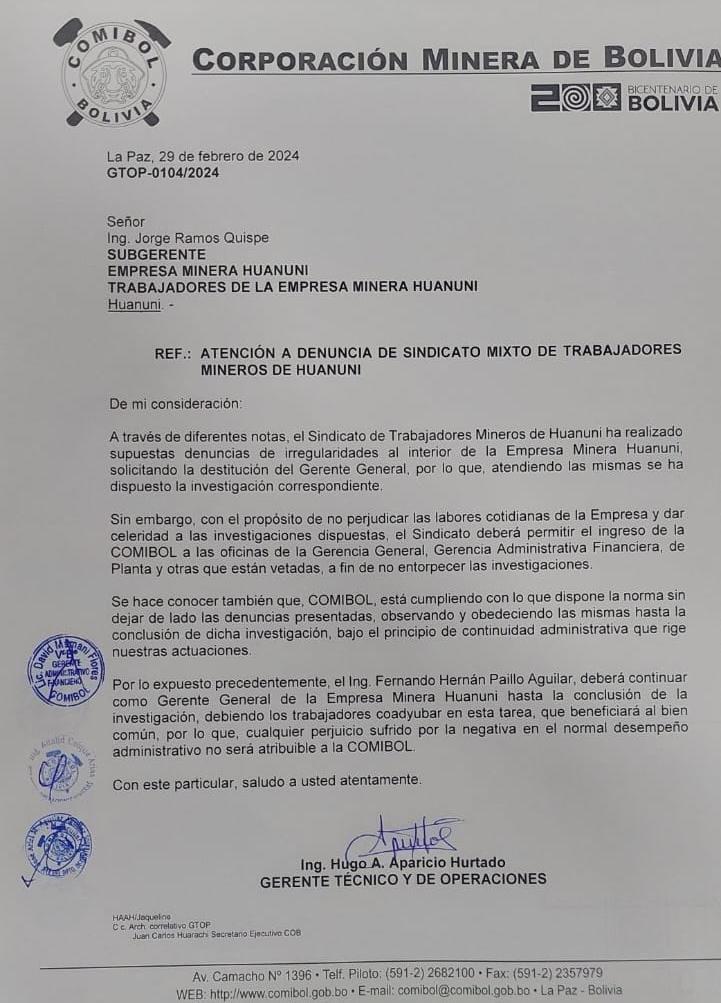 Documento oficial de la Corporación Minera de Bolivia (Comibol)