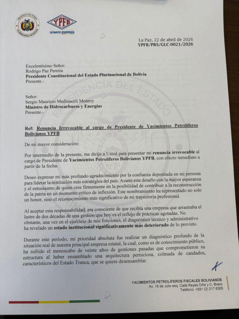 carta dirigida al Ministerio de Hidrocarburos