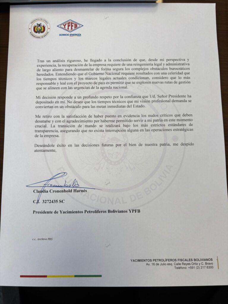 carta dirigida al Ministerio de Hidrocarburos