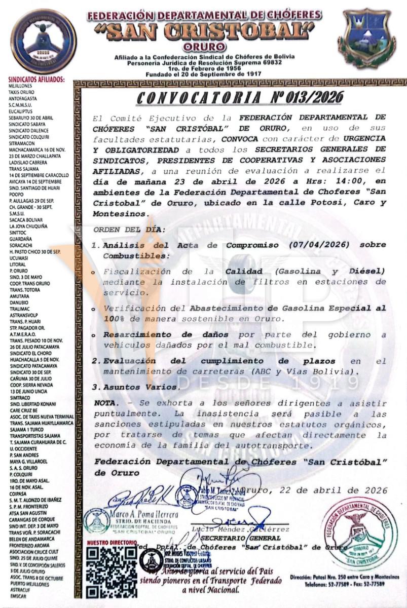 Convocatoria reunión de análisis de emergencia choferes