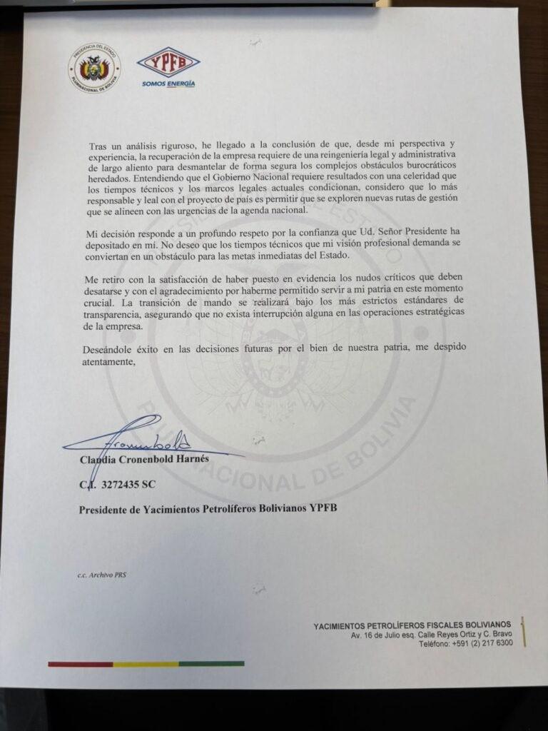 Carta de renuncia presentada por Claudia Cronenbold Harnés