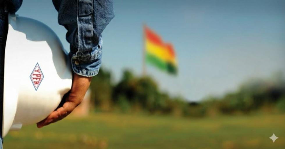 Un operario de la estatal sostiene un casco con el logo de YPFB