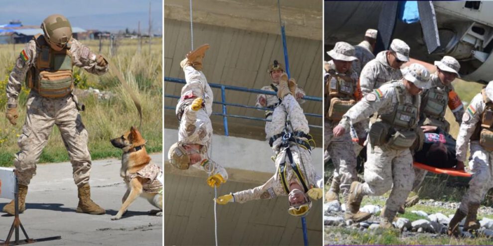 Integrantes de los equipos de salvamento y rescate de las Fuerzas Armadas (SAR-FAB) demuestran su entrenamiento