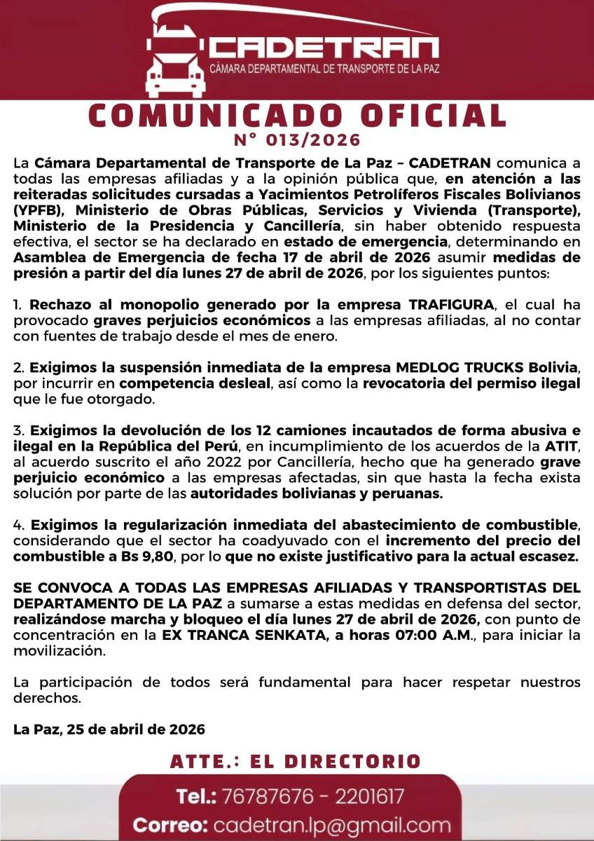 Cadetran convoca a movilizaciones