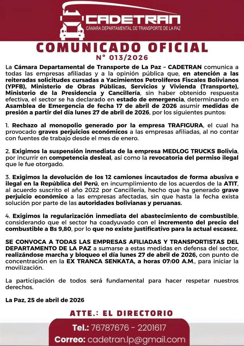 Cadetran convoca a movilizaciones