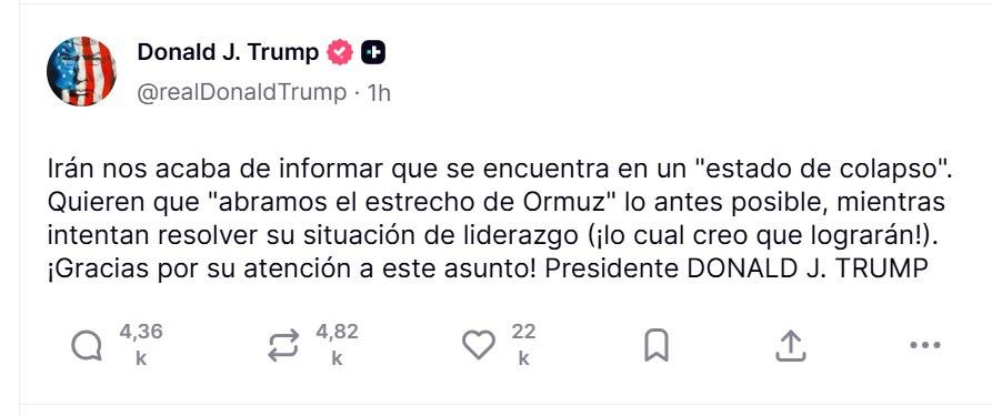 La publicación del presidente de Estados Unidos, Donald Trump en su red Truth Social