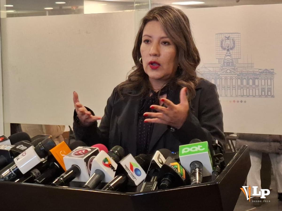 La senadora Mallon en conferencia de prensa