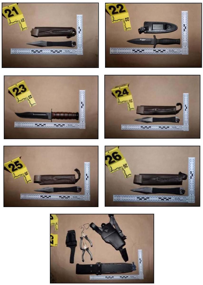 los diferentes tipos de cuchillos y objetos que estaban en posesión de Cole Allen