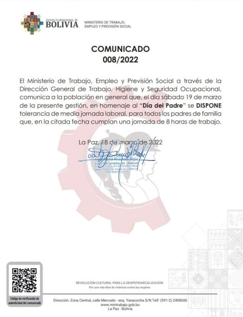 Comunicado del Ministerio de Trabajo sobre el Día del Padre