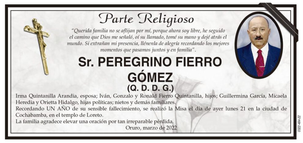 Parte Religioso: Sr. Peregrino Fierro Gómez
