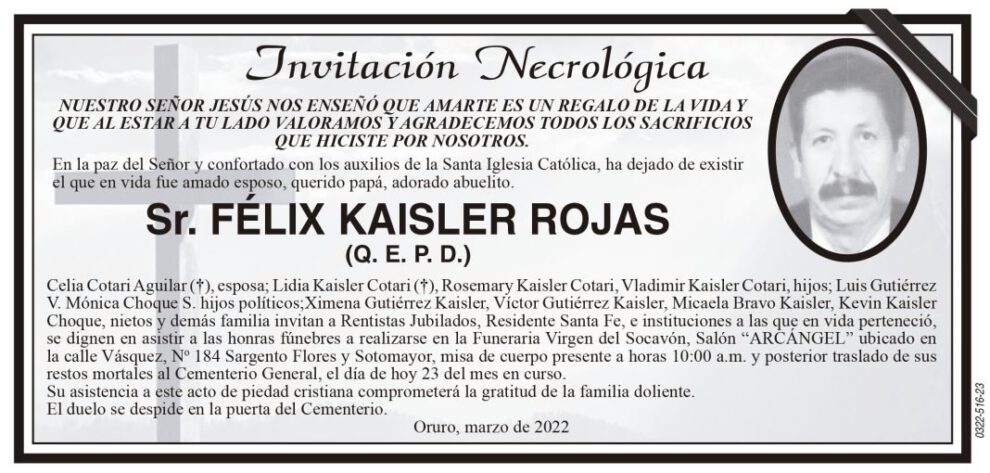 Invitación Necrológica para Félix Kaisler Rojas