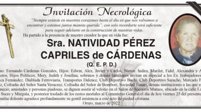 Invitación Necrológica de Natividad Pérez Capriles