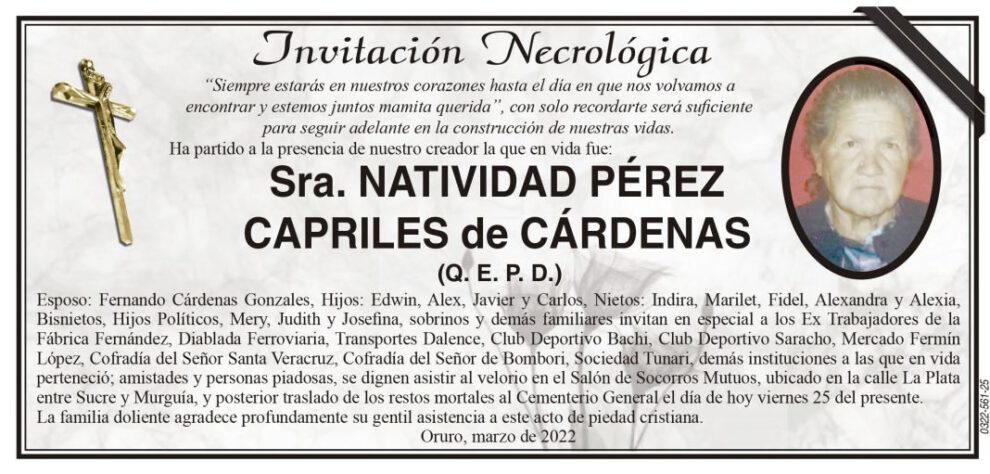 Invitación Necrológica de Natividad Pérez Capriles