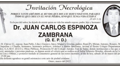 Invitación Necrológica: Dr. Juan Carlos Espinoza Zambrana