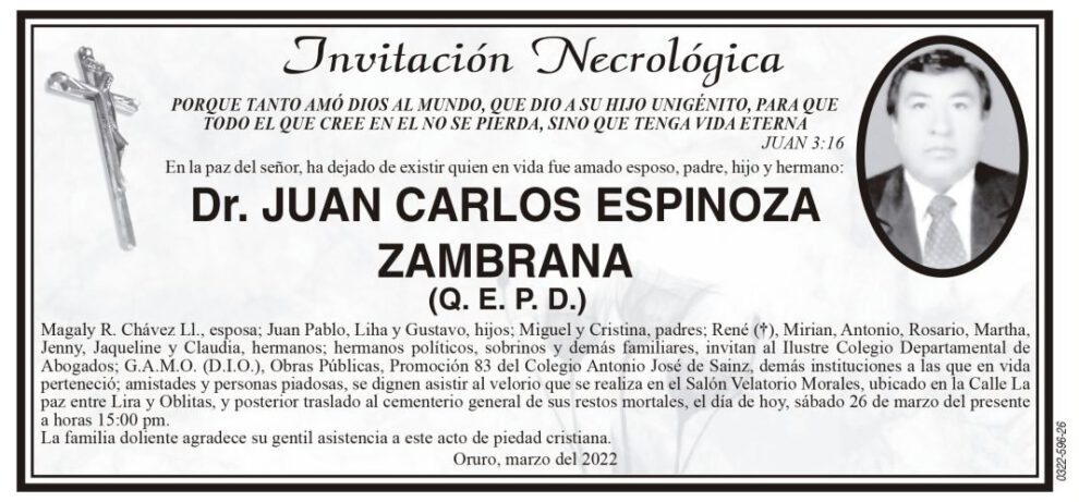 Invitación Necrológica: Dr. Juan Carlos Espinoza Zambrana