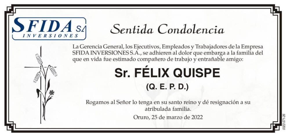 Condolencias por el fallecimiento de Félix Quispe