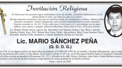 Invitación Religiosa en memoria de Lic. Mario Sánchez Peña