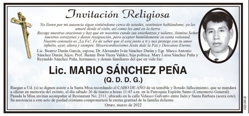 Invitación Religiosa en memoria de Lic. Mario Sánchez Peña