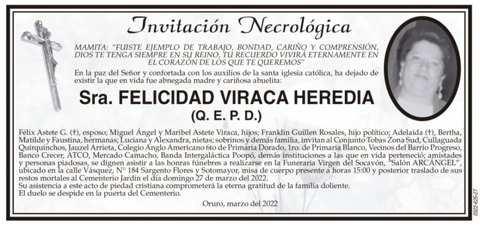 Invitación Necrológica para Felicidad Viraca Heredia