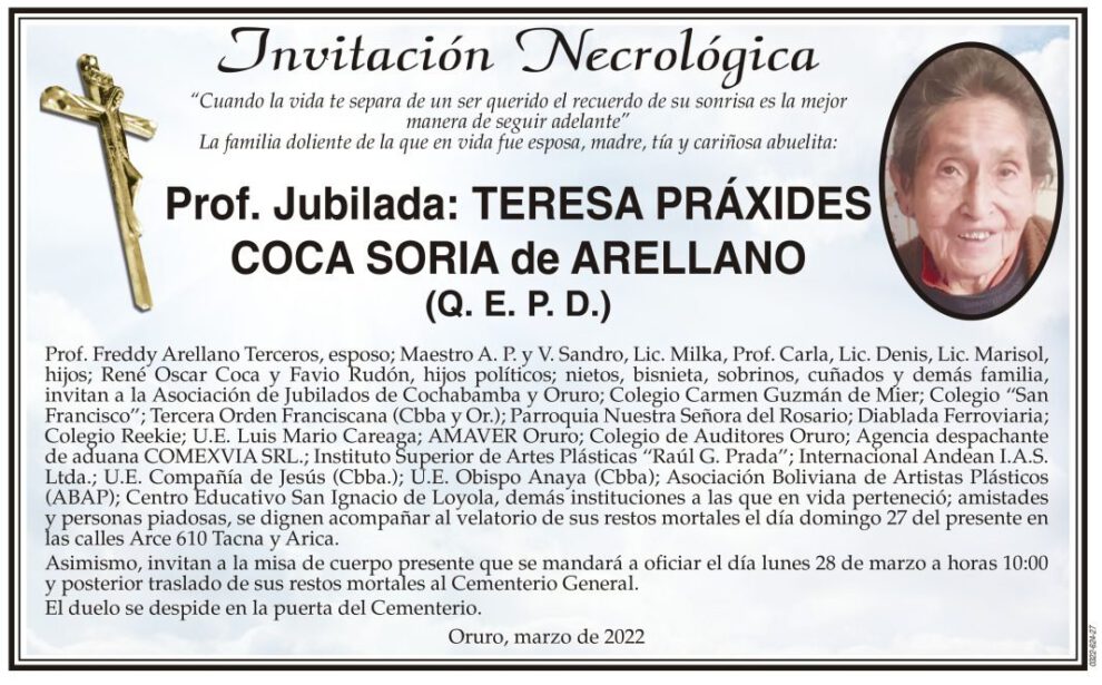 Invitación Necrológica de Teresa Práxides Coca Soria