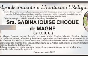 Agradecimiento e Invitación Religiosa por Sabina Iquise Choque de Magne