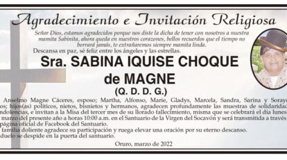 Agradecimiento e Invitación Religiosa por Sabina Iquise Choque de Magne