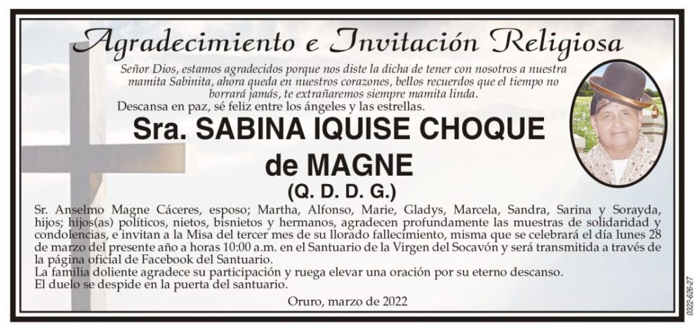 Agradecimiento e Invitación Religiosa por Sabina Iquise Choque de Magne