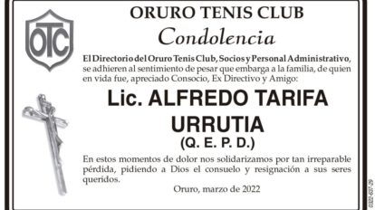Condolencia por Lic. Alfredo Tarifa Urrutia
