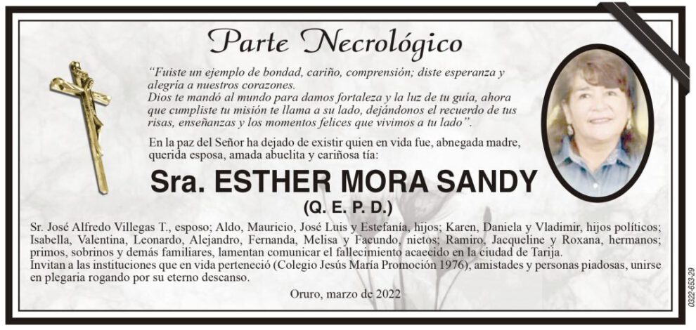 Parte Necrológico de Esther Mora Sandy
