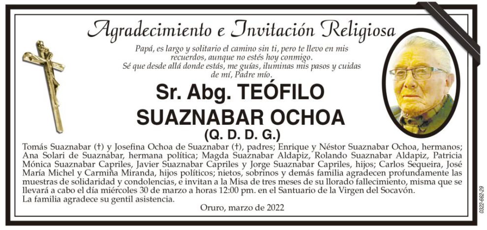 Agradecimiento e Invitación Religiosa por Teófilo Suaznabar Ochoa