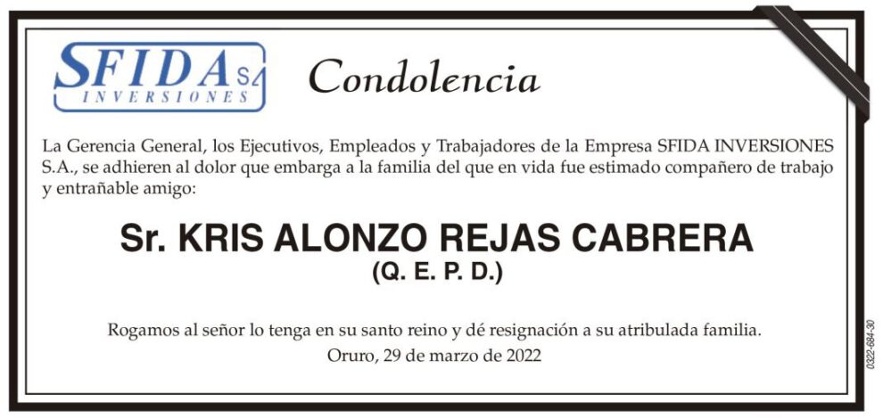 Condolencia por Kris Alonzo Rejas Cabrera