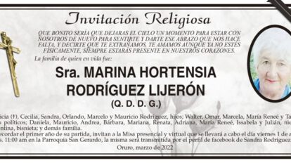 Invitación Religiosa para Marina Hortensia Rodríguez Lijerón