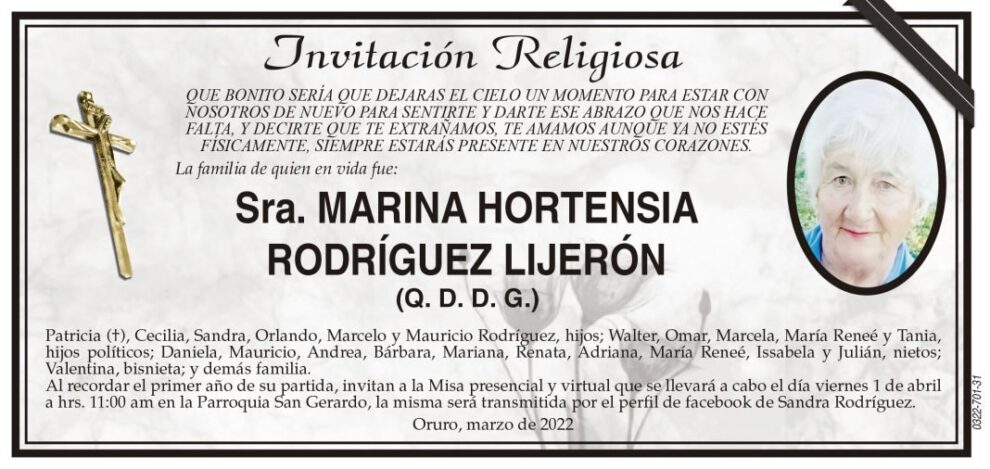Invitación Religiosa para Marina Hortensia Rodríguez Lijerón