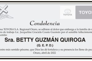 Condolencia por el fallecimiento de Betty Guzmán Quiroga