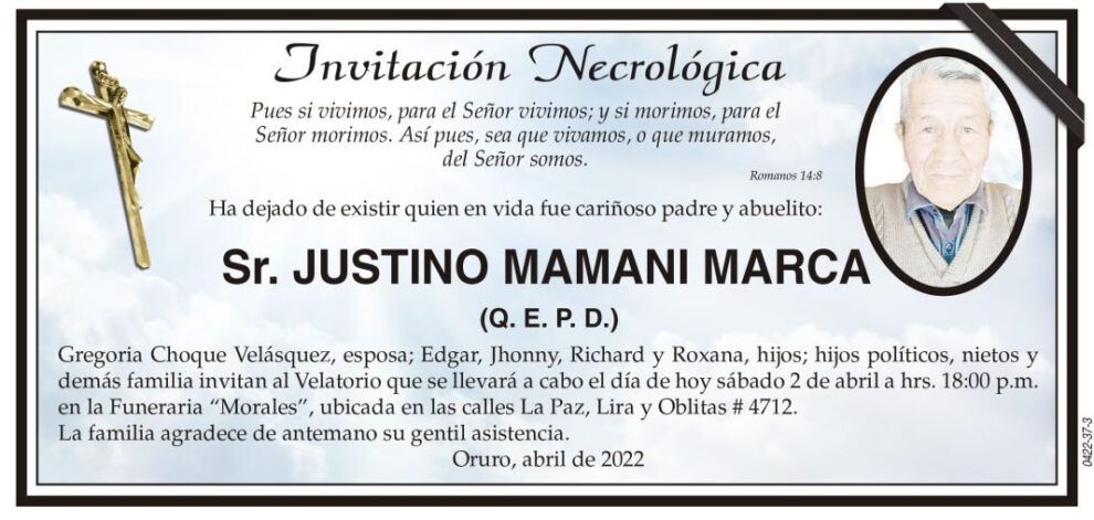 Invitación Necrológica: Justino Mamani Marca