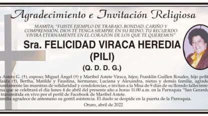 Agradecimiento e Invitación Religiosa por Felicidad Viraca Heredia