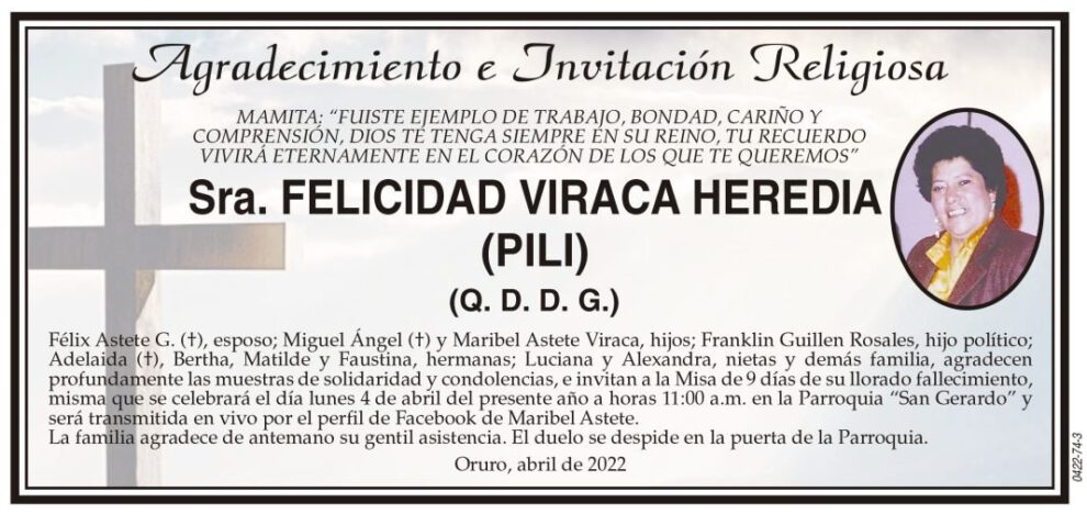 Agradecimiento e Invitación Religiosa por Felicidad Viraca Heredia
