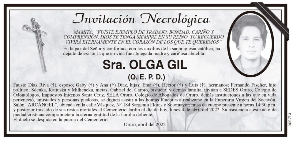 Invitación Necrológica de Olga Gil
