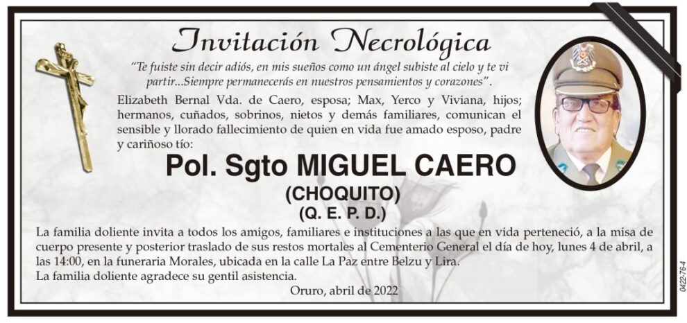 Invitación Necrológica: Pol. Sgto MIGUEL CAERO
